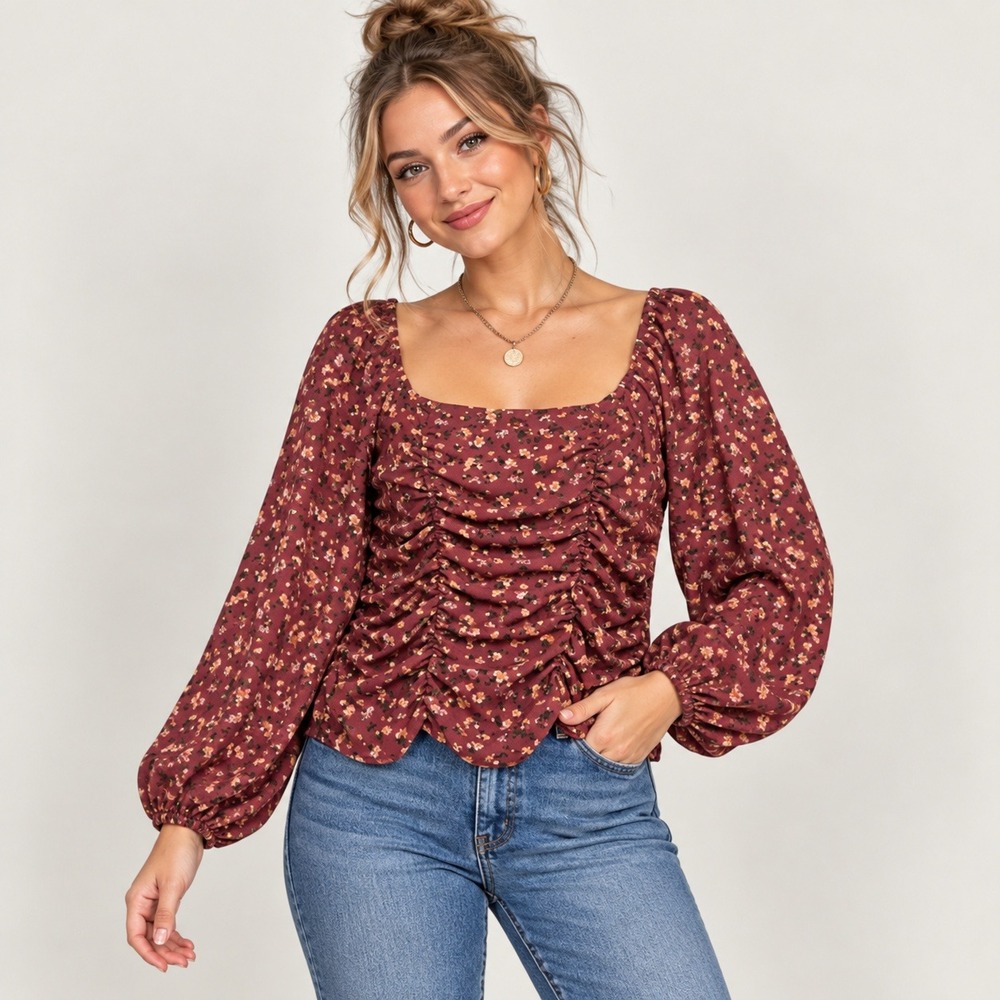 Liberty Love Juniors XL Floral Ruched Top Puff Sleeve Boho Cottagecore Milkmaid